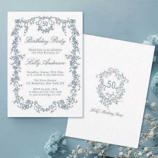 Klassieke Franse Blauwe Bloemen 50ste Verjaardagsf Kaart