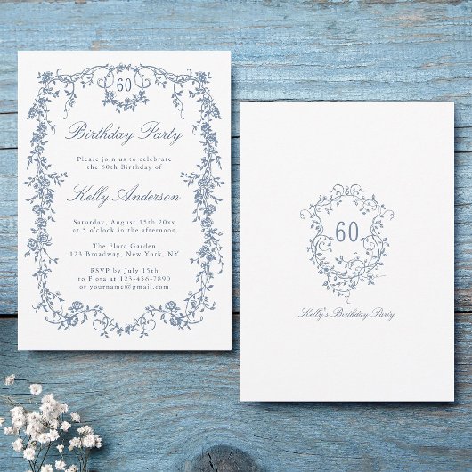 Klassieke Franse Blauwe Bloemen 60ste Verjaardagsf Kaart