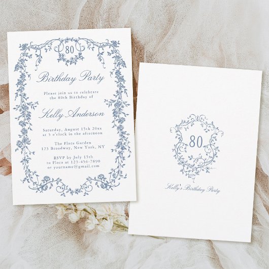 Klassieke Franse Blauwe Bloemen 80ste Verjaardagsf Kaart