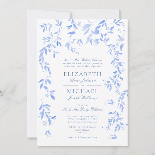 Klassieke Franse Blauwe Bloemen Botanische Bruilof Kaart (Voorkant)