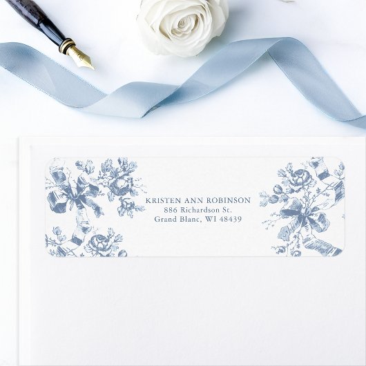 Klassieke Franse blauwe bloemen en linten bruiloft Etiket