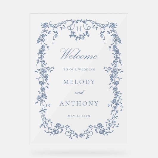 Klassieke Franse Blauwe Bloemen Huwelijk Welkom Acryl Bord (Voorkant)