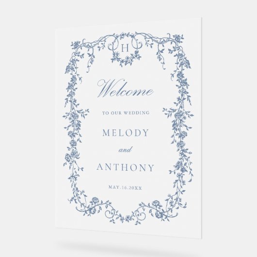 Klassieke Franse Blauwe Bloemen Huwelijk Welkom Acryl Bord (Hoek)