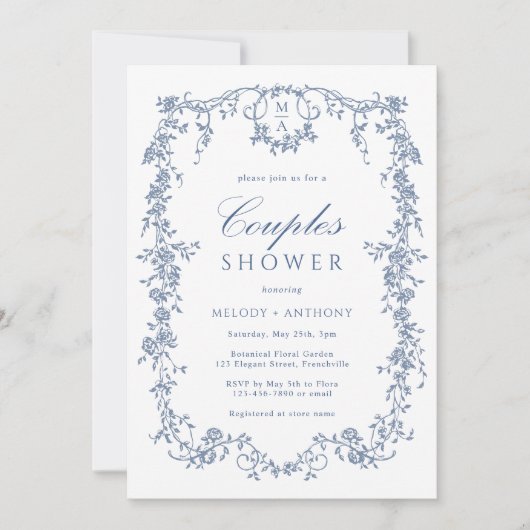 Klassieke Franse Blauwe Bloemen Koppels Douche Kaart (Voorkant)