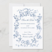 Klassieke Franse Blauwe Bloemen & Lint Huwelijk Save The Date (Voorkant)