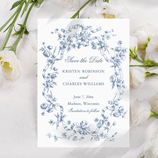 Klassieke Franse Blauwe Bloemen & Lint Huwelijk Save The Date