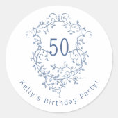 Klassieke Franse Blauwe Bloemenkam 50e Verjaardag Ronde Sticker (Voorkant)