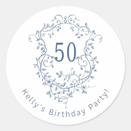Klassieke Franse Blauwe Bloemenkam 50e Verjaardag Ronde Sticker (Voorkant)