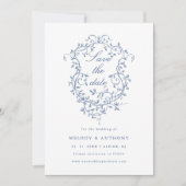 Klassieke Franse Blauwe Bloemenkam Trouwfoto Save The Date (Voorkant)