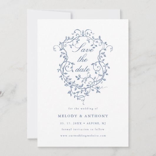 Klassieke Franse Blauwe Bloemenkam Trouwfoto Save The Date (Voorkant)