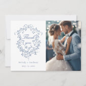 Klassieke Franse blauwe bloemenkroon trouw 2 foto Bedankkaart (Voorkant)