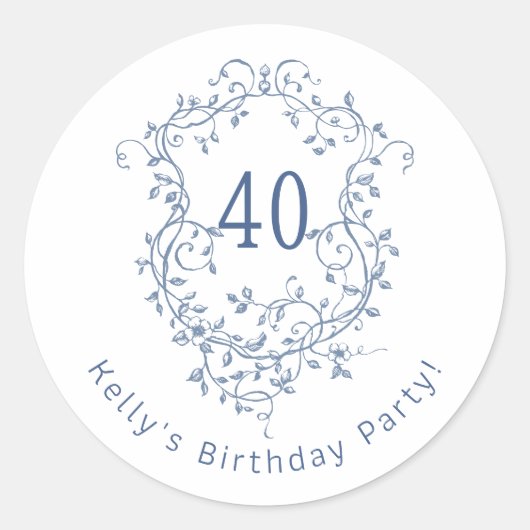 Klassieke Franse Blauwe Bloemkam 40e Verjaardag Ronde Sticker (Voorkant)
