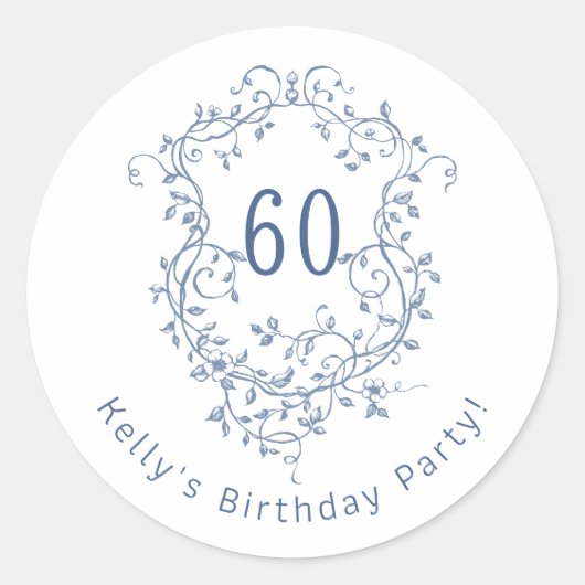 Klassieke Franse Blauwe Bloemkam 60e verjaardag Ronde Sticker (Voorkant)
