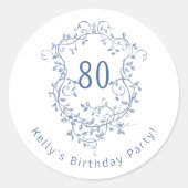 Klassieke Franse Blauwe Bloemkam 80e Verjaardag Ronde Sticker (Voorkant)