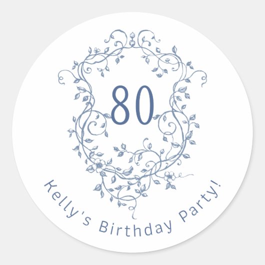 Klassieke Franse Blauwe Bloemkam 80e Verjaardag Ronde Sticker (Voorkant)