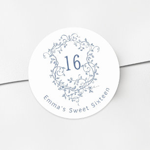 Klassieke Franse Blauwe Bloemkam Sweet 16 Verjaard Ronde Sticker