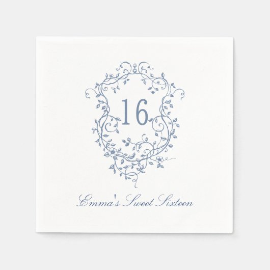Klassieke Franse Blauwe Bloemkam Sweet 16 Verjaard Servet (Voorkant)