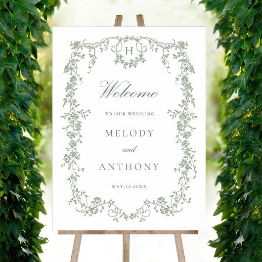 Klassieke Franse Floral Sage Green Wedding Welkom Poster