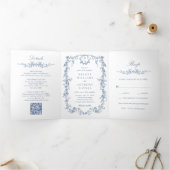 Klassieke Franse Victoriaans Blauwe Bloemen Huweli Drieluik Uitnodiging (Binnen)