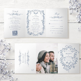 Klassieke Franse Victoriaans Blauwe Bloemen Huweli Drieluik Uitnodiging