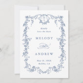 Klassieke Franse Victoriaans Blauwe Bloemen Trouwf Save The Date (Voorkant)