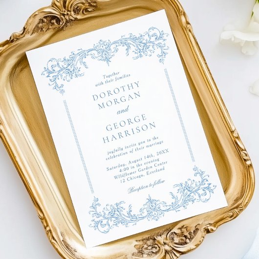 Klassieke Franse Victoriaans Dusty Blue Wedding Kaart