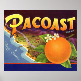 Klassieke fruitkratlabelkunst, Pacoast Sinaasappel Poster