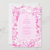 Klassieke Fuchsia Bloemen Chinoiserie Tuin Bruilof Kaart (Voorkant)