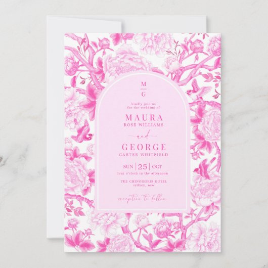 Klassieke Fuchsia Bloemen Chinoiserie Tuin Bruilof Kaart (Voorkant)