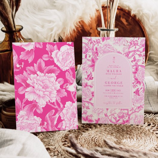 Klassieke Fuchsia Bloemen Chinoiserie Tuin Bruilof Kaart