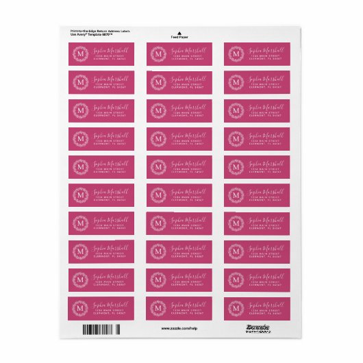 Klassieke Fuchsia Monogram Return Address Label (Full Sheet)