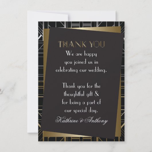 Klassieke Gatsby Deco bruiloft Dank u Kaart (Voorkant)