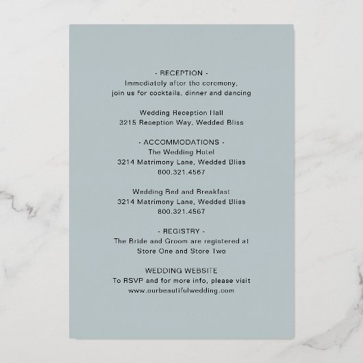 Klassieke gedempte blauwe elegante bruiloft folie uitnodiging (Achterkant)
