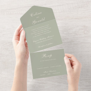 Klassieke gedempte groene elegante trouw all in one uitnodiging