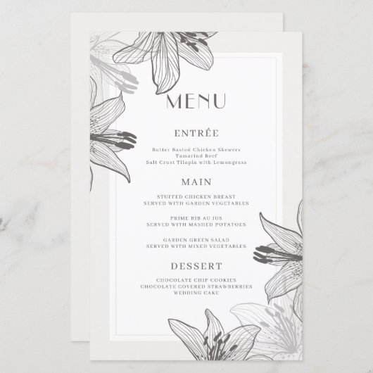 Klassieke geïllustreerde Floral Lilies menukaarten (Voorkant / Achterkant)