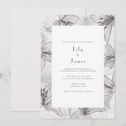Klassieke geïllustreerde Floral Lilies Wedding Inv Kaart (Voorkant / Achterkant)