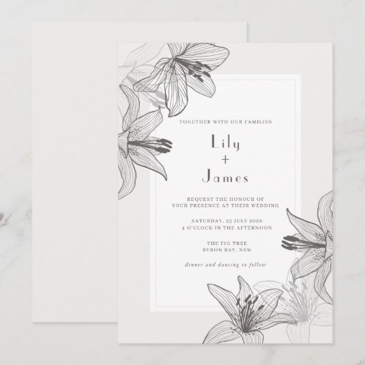 Klassieke geïllustreerde Floral Lilies Wedding Kaart (Voorkant / Achterkant)