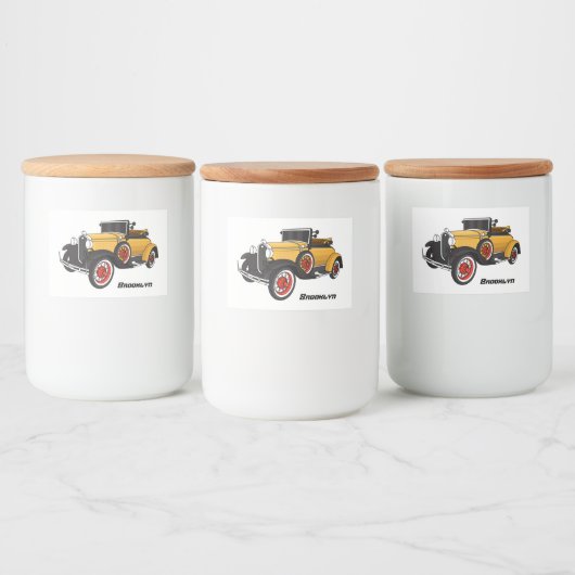 Klassieke gele auto 1931 voedselcontainer etiket (Flessen)