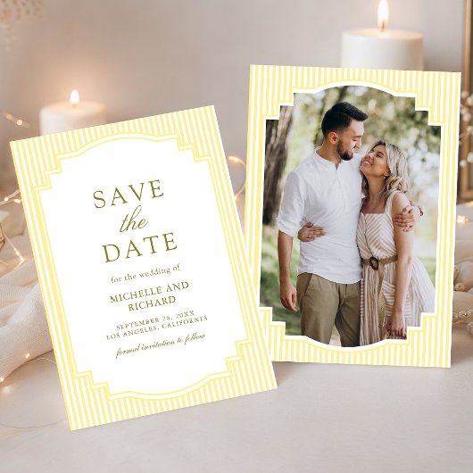Klassieke Gele Gestreepte Foto Bruiloft Save The Date