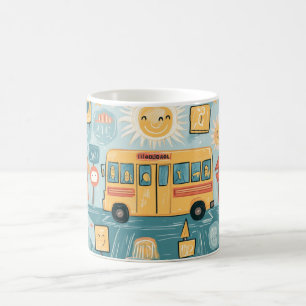 klassieke gele schoolbus vol gelukkige kinderen koffiemok
