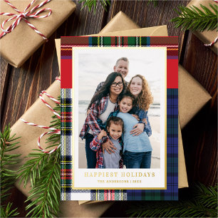 Klassieke gemengde tartan + gouden kerstfoto folie feestdagenkaart