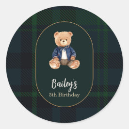 Klassieke geruite beren-verjaardag ronde sticker