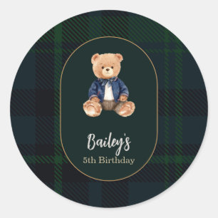 Klassieke geruite beren-verjaardag ronde sticker