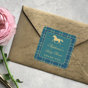Klassieke Geruite Gouden Paard Ruiter Baby Shower Vierkante Sticker