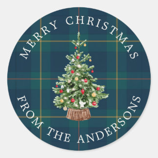 Klassieke geruite kerstboom-envelopafsluiters ronde sticker