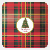 Klassieke geruite kerstboom rood en groen vierkante sticker (Voorkant)
