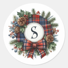 Klassieke geruite monogram kerstkrans voor de fees ronde sticker