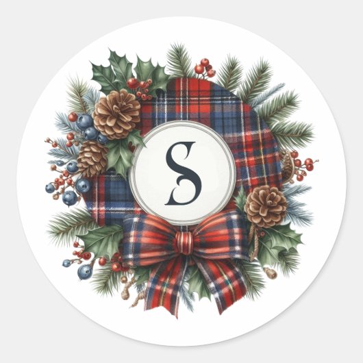 Klassieke geruite monogram kerstkrans voor de fees ronde sticker (Voorkant)