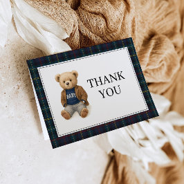 Klassieke geruite teddybeer babyshower bedankkaart