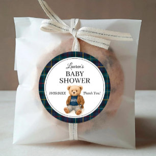 Klassieke geruite teddybeer babyshowerstickers ronde sticker